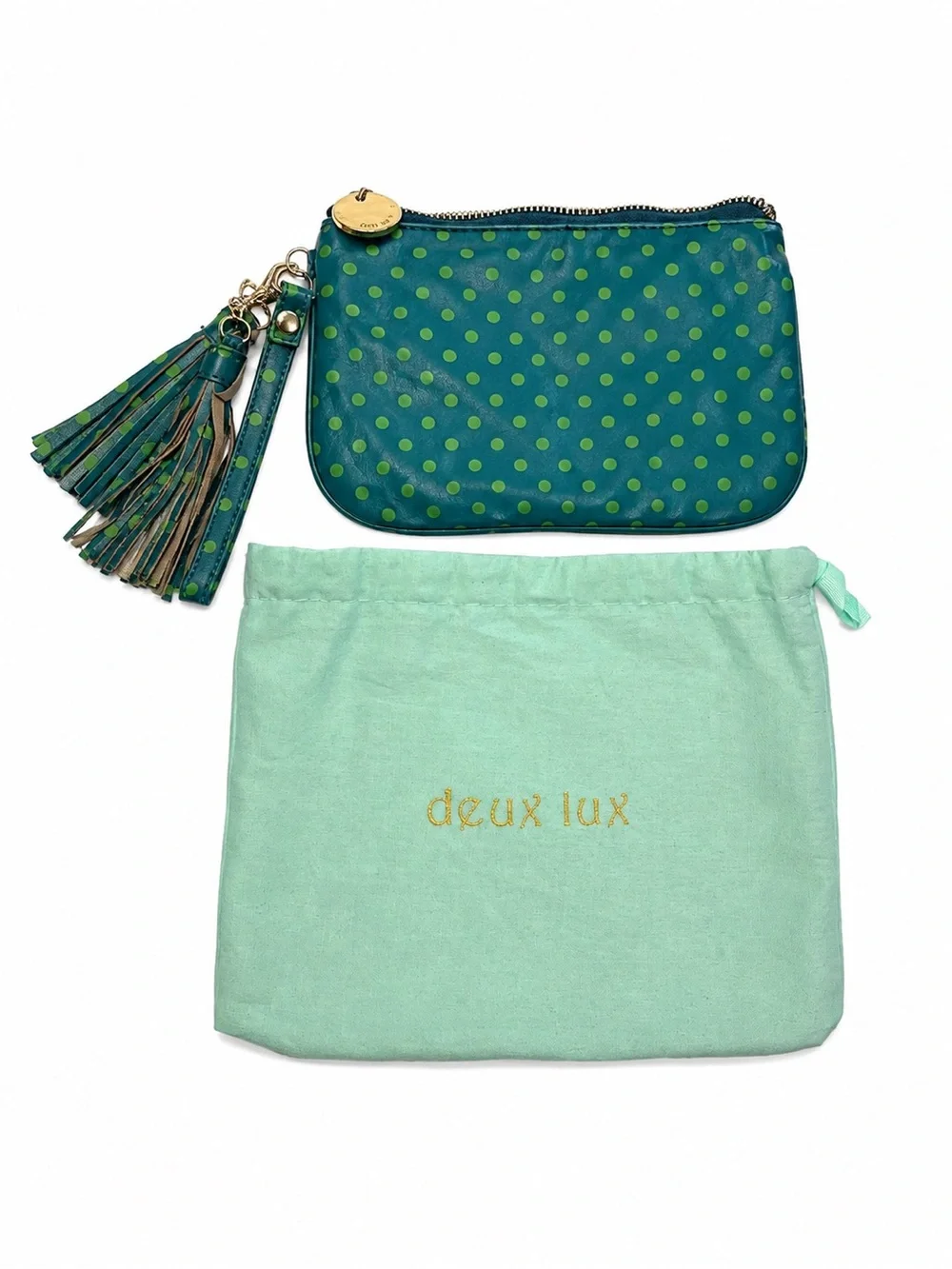Vintage Deux Lux Polka Dot Wristlet Tassel Clutch Teal Green Y2K Bag